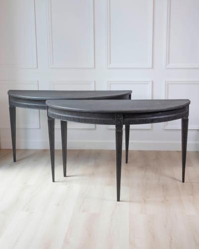 Pair of Swedish Early 19th Century Demi Lune Consoles in Black Paint