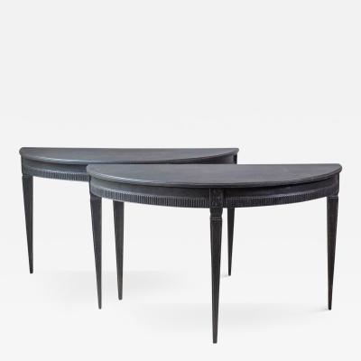 Pair of Swedish Early 19th Century Demi Lune Consoles in Black Paint