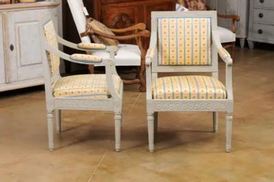 Pair of Swedish Gustavian Style 1890s Painted Wood Armchairs with Guilloches