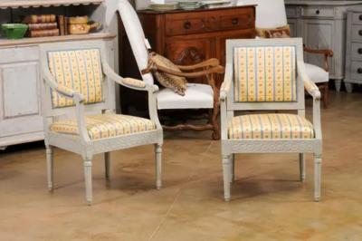Pair of Swedish Gustavian Style 1890s Painted Wood Armchairs with Guilloches