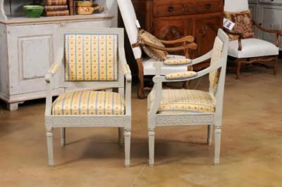 Pair of Swedish Gustavian Style 1890s Painted Wood Armchairs with Guilloches