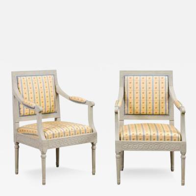 Pair of Swedish Gustavian Style 1890s Painted Wood Armchairs with Guilloches