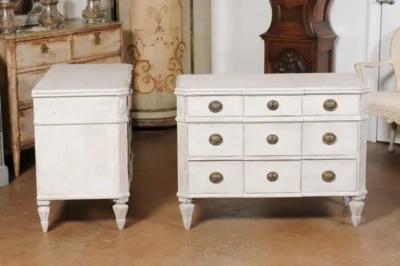 Pair of Swedish Gustavian Style Painted Breakfront Chests with Fluted Posts