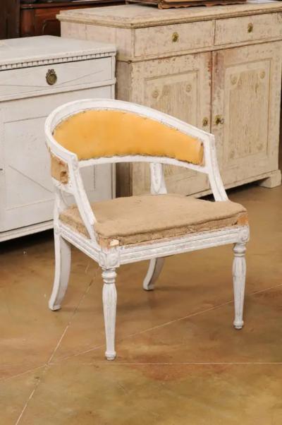 Pair of Swedish Gustavian Style Painted Tub Chairs with Carved Campanula Friezes