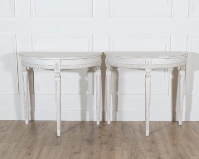 Pair of Swedish Gustavian White Painted Demi Lune Consoles ca 1880