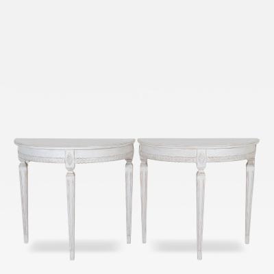 Pair of Swedish Gustavian White Painted Demi Lune Consoles ca 1880