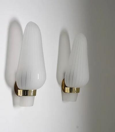 Pair of Swedish Mid Century Wall Lamps in Brass and Glass