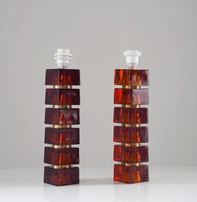Pair of Swedish Mid century Table Lamps in Glass and Brass