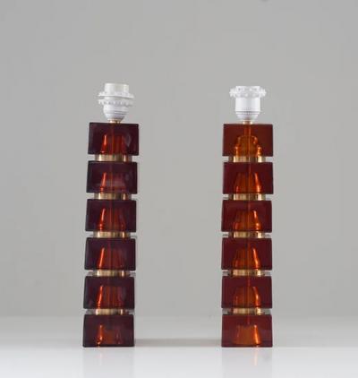 Pair of Swedish Mid century Table Lamps in Glass and Brass