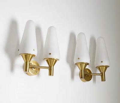 Pair of Swedish Midcentury Wall Lamps in Brass and Glass