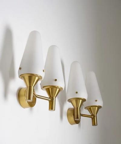 Pair of Swedish Midcentury Wall Lamps in Brass and Glass