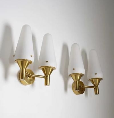 Pair of Swedish Midcentury Wall Lamps in Brass and Glass