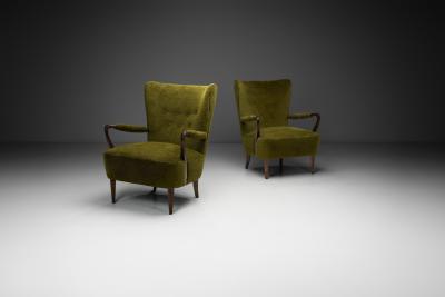 Pair of Swedish Modern Armchairs with Green Upholstery Sweden ca 1940s