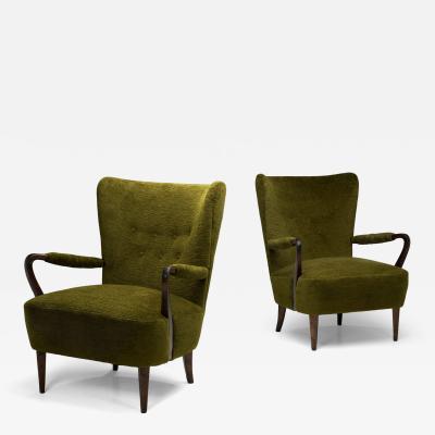 Pair of Swedish Modern Armchairs with Green Upholstery Sweden ca 1940s