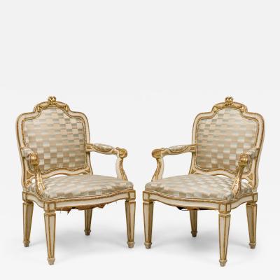 Pair of Swedish Neo Classic Cream Painted Parcel Gilt Armchairs