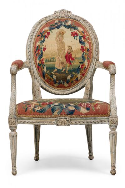 Pair of Swedish Neo Classic Painted Tapestry Upholstered Armchairs