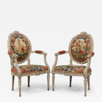 Pair of Swedish Neo Classic Painted Tapestry Upholstered Armchairs