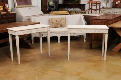 Pair of Swedish Neoclassical Style Painted Console Tables with Carved Aprons