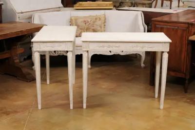 Pair of Swedish Neoclassical Style Painted Console Tables with Carved Aprons