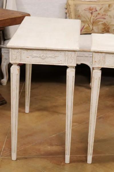 Pair of Swedish Neoclassical Style Painted Console Tables with Carved Aprons