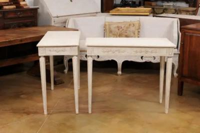 Pair of Swedish Neoclassical Style Painted Console Tables with Carved Aprons