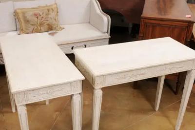 Pair of Swedish Neoclassical Style Painted Console Tables with Carved Aprons