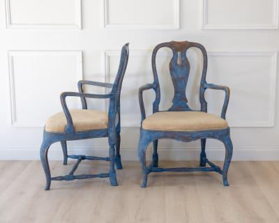 Pair of Swedish Rococo Armchairs in Blue Paint circa 1840