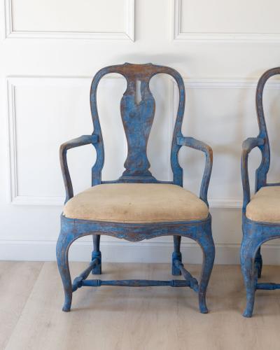Pair of Swedish Rococo Armchairs in Blue Paint circa 1840