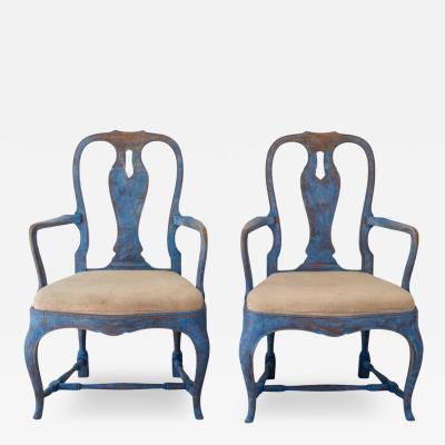 Pair of Swedish Rococo Armchairs in Blue Paint circa 1840