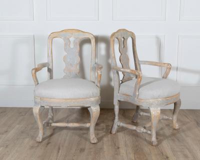 Pair of Swedish Rococo Carved Armchairs with Original Patina