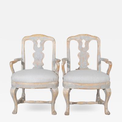 Pair of Swedish Rococo Carved Armchairs with Original Patina