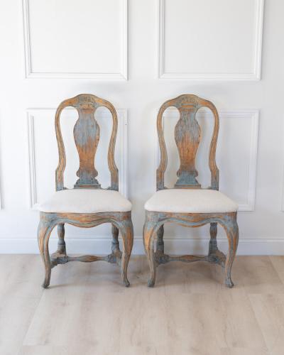 Pair of Swedish Rococo Revival Chairs in Blue Paint
