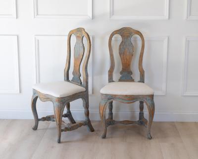 Pair of Swedish Rococo Revival Chairs in Blue Paint