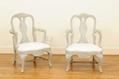 Pair of Swedish Rococo Style 1890s Painted Wood Armchairs