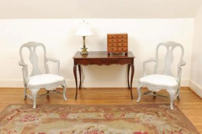 Pair of Swedish Rococo Style 1890s Painted Wood Armchairs