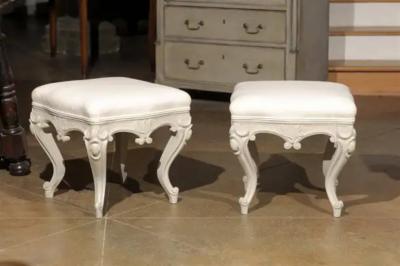 Pair of Swedish Rococo Style Carved Painted Upholstered Stools circa 1890