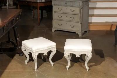 Pair of Swedish Rococo Style Carved Painted Upholstered Stools circa 1890
