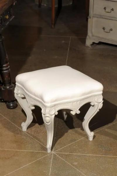 Pair of Swedish Rococo Style Carved Painted Upholstered Stools circa 1890