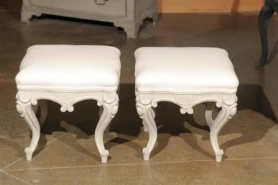 Pair of Swedish Rococo Style Carved Painted Upholstered Stools circa 1890
