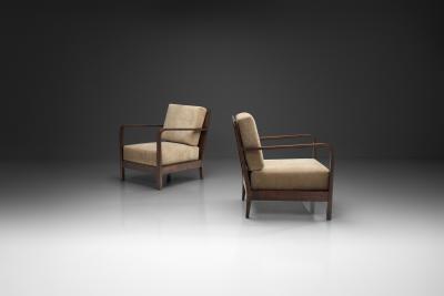Pair of Swedish Upholstered Armchairs with Curved Armrests Sweden 1930s