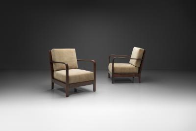Pair of Swedish Upholstered Armchairs with Curved Armrests Sweden 1930s