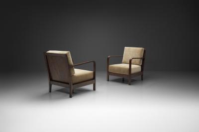 Pair of Swedish Upholstered Armchairs with Curved Armrests Sweden 1930s