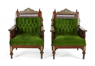 Pair of Syrian Style Inlaid and Upholstered Walnut Armchairs