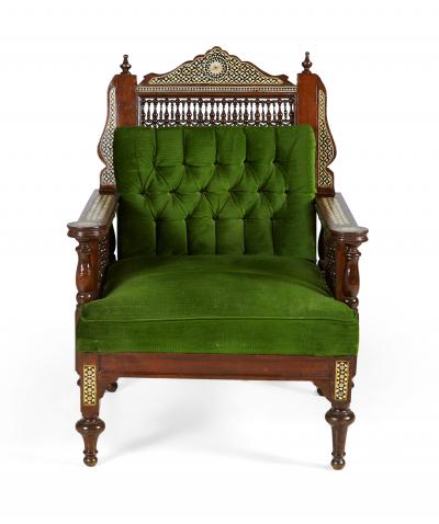 Pair of Syrian Style Inlaid and Upholstered Walnut Armchairs