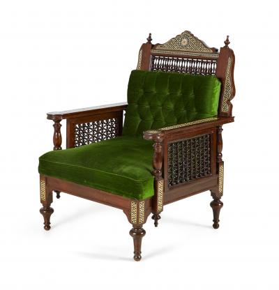 Pair of Syrian Style Inlaid and Upholstered Walnut Armchairs