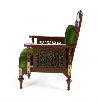 Pair of Syrian Style Inlaid and Upholstered Walnut Armchairs