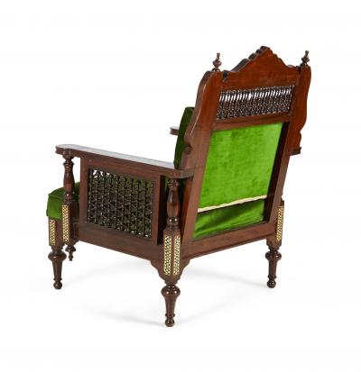 Pair of Syrian Style Inlaid and Upholstered Walnut Armchairs