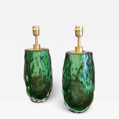 Pair of Table Lamps in Green Murano Glass