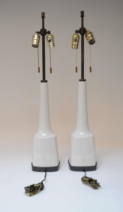 Pair of Tall American Modernist White Porcelain and Brass Tables Lamps