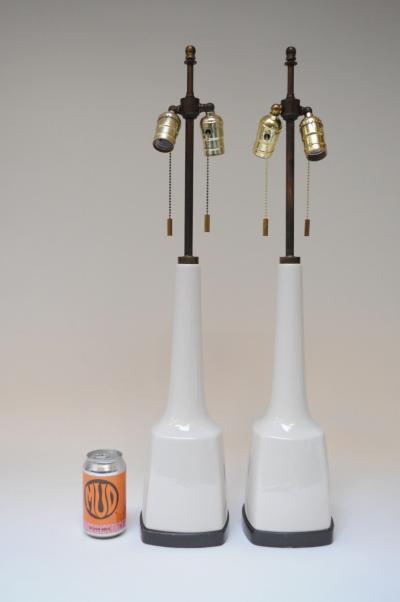 Pair of Tall American Modernist White Porcelain and Brass Tables Lamps